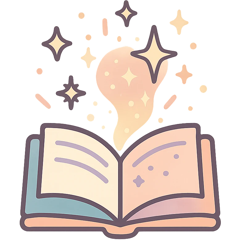 open book with magic flying out — stars, glow, magical sparks, Chinese eastern style, thin clean outlines, soft rounded shapes, pastel palette #98B5BC, #B5B3C1, #C9A3C9, #E4C0CA, #F7DCD1, #F7C0AA, detailed shadows and highlights, soft lighting, transparent background, no decorative elements emoji