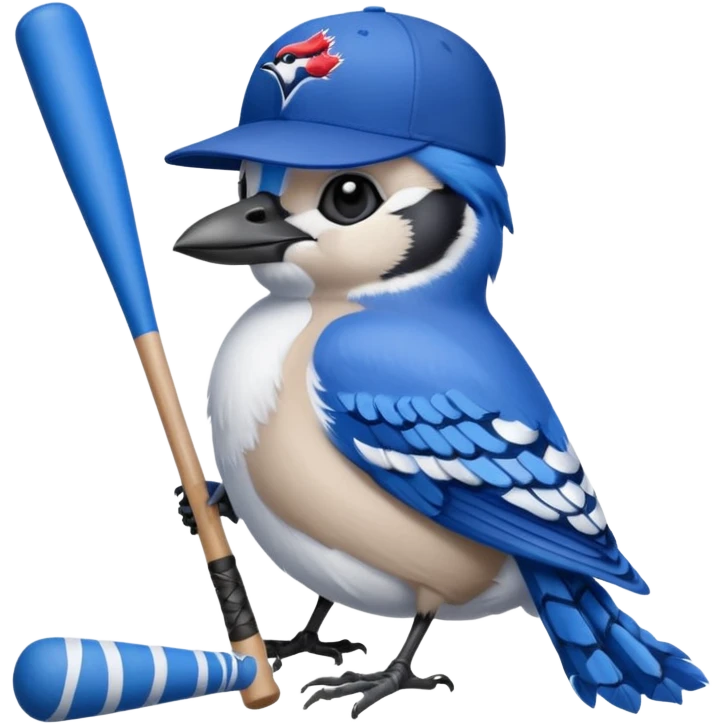 bluejay standing with baseball bat, wearing toronto blue jays baseball hat, sitting on  goose
 emoji