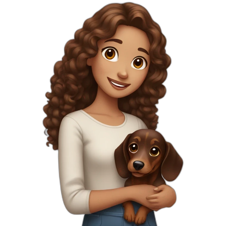 Girl long curly brown hair smiling and brown eyes with long eyelashes and holding a dachshund  in her arms emoji