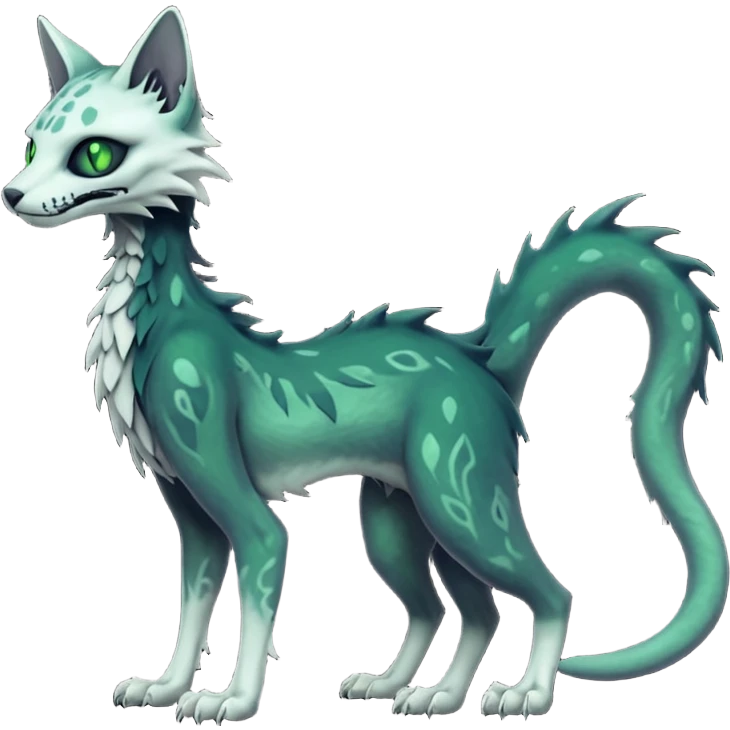 Macabre spectral spooky dark bleak blackish swampy white-skeletal gloomy ghostly dark greyish dark-deep-greenish foggy eldritch beautiful realistic edgy fantasy ghoul-like stitched feline-vernid-sergal-fursona animal creature with a tufted tail full body with intricate markings  emoji
