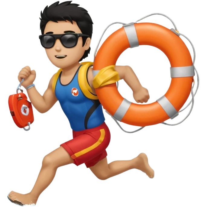 Dark Tan Muscular lifeguard with messy black hair with sunglasses running with life preserver emoji