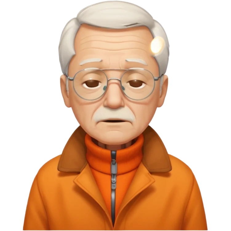 old man with orange high collar shirt and a thick coat wearing glass while closing his eyes emoji