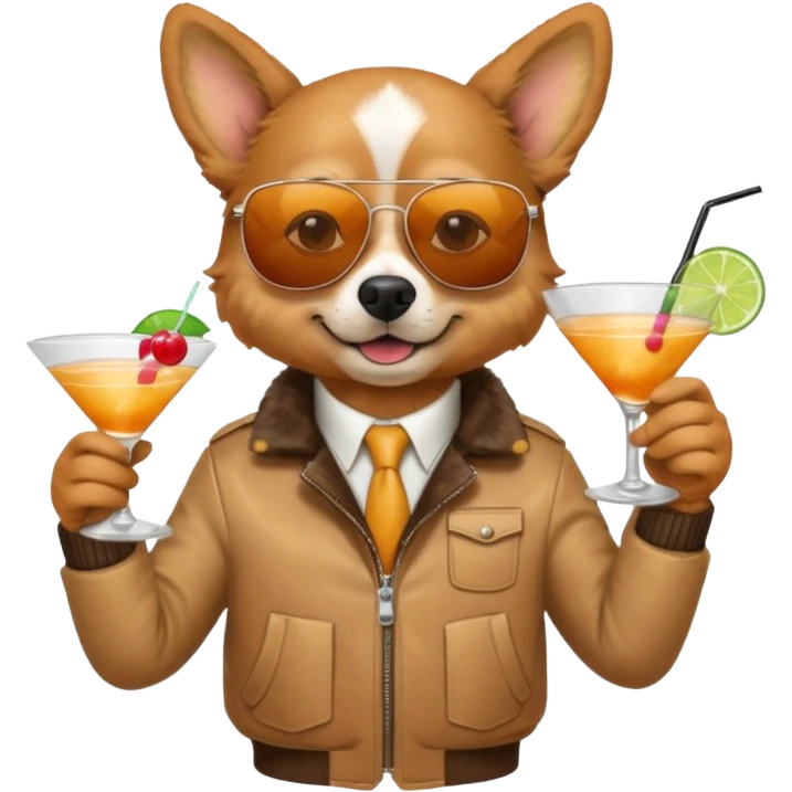 Dog with jacket, holding a cocktail, wearing sunglasses emoji