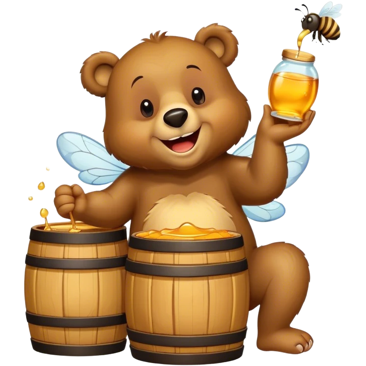 A cheerful brown bear sitting on its hind legs, happily eating golden honey from a wooden barrel with a big smile, surrounded by a few buzzing bees and honey dripping from its paws. Simple, cartoonish style, vibrant colors, and a playful atmosphere. emoji