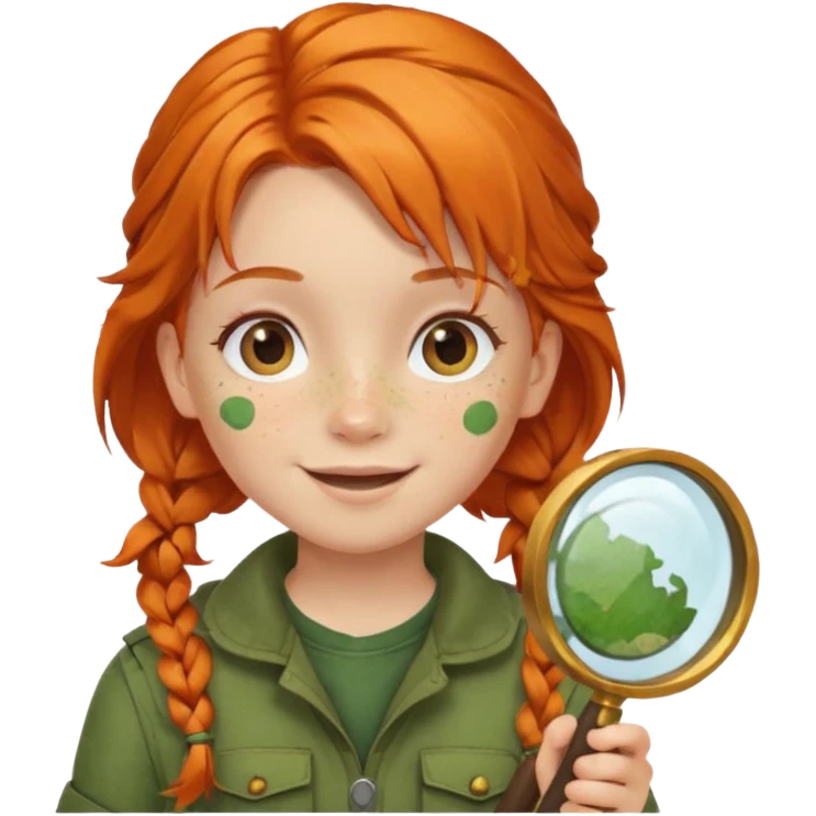 braid orange haired girl kid in moss green explorer outfit, holding magnifying glass, smile emoji