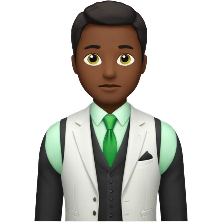 businessman, black skin, white suit vest, green tie emoji