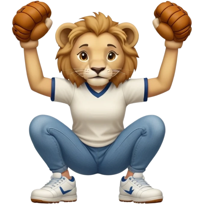 friendly anthropomorphised female lion wearing a baseball shirt, jeans, and trainers, in a squat position, lifting something up emoji