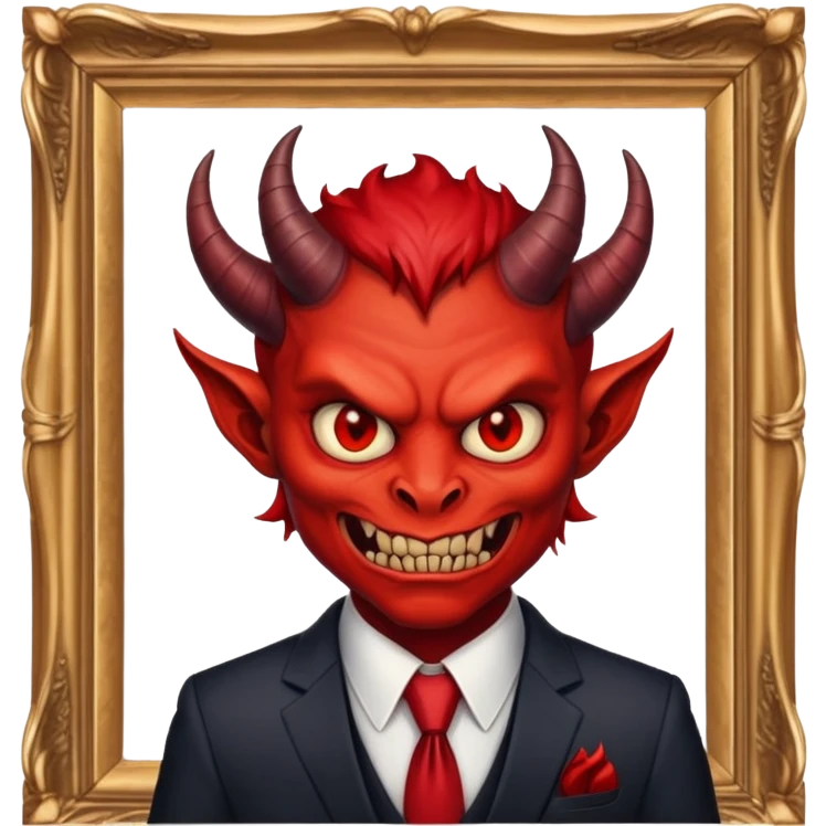 round oil painting in frame, portrait of a demon in a suit emoji