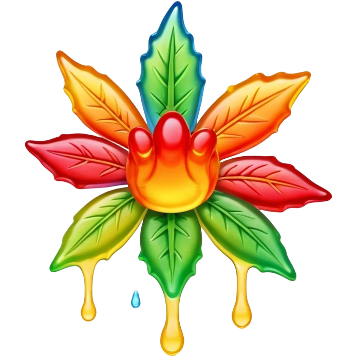 generate an emoji-style image of a juicy gummy shaped like a marijuana flower, make it colorful and with liquid dripping out emoji