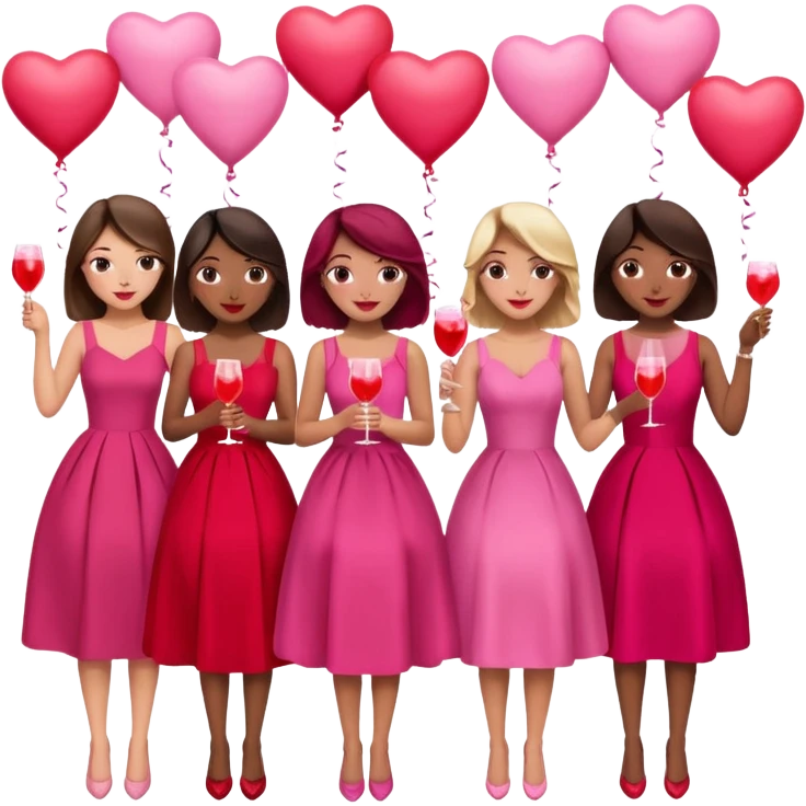 galentines party : they wea red and pink dresses, hold pink and red heart balloons and pink cocktails in their hands, there is a blond girl, a brunette, an asian, and a brown skin girl emoji