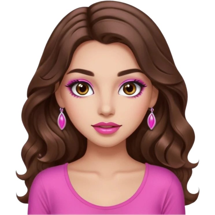 girl with long wavy brown hair, brown eyes, long lashes makeup, sexy pink lips, light to medium complexion, wearing a pink sexy top, no emoji