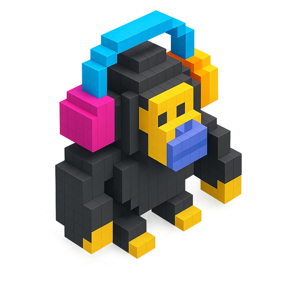 voxel style gorilla with colorful headphones, isometric view emoji