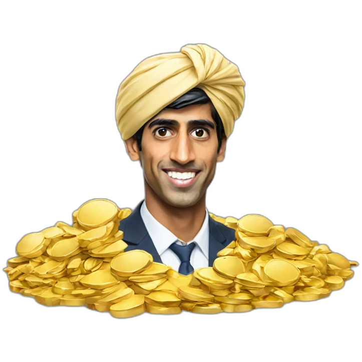 Rishi Sunak wearing a turban standing on pile of gold emoji