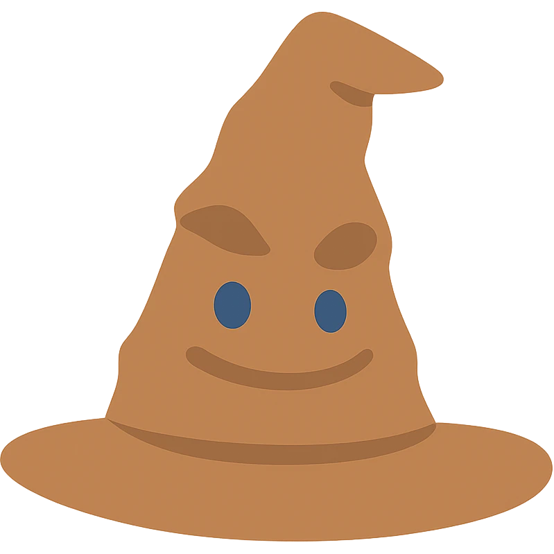 Hogwarts hat with expressive eyes and smiling mouth, in Color Filled style with sharp shadows and highlights, transparent background. emoji
