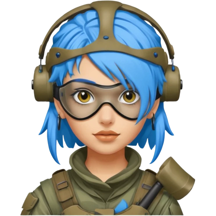 blue curly haired paintball playergirl with huge earrings, wearing paintball eye mask helmet emoji