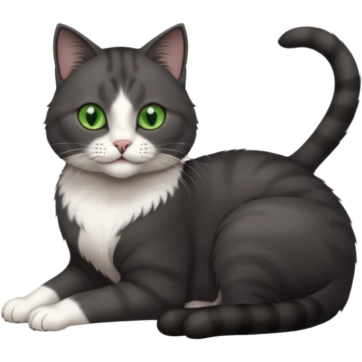 beautiful female solid dark grey cat with green eyes, white toes/paws and white patch on her chest rolling over emoji