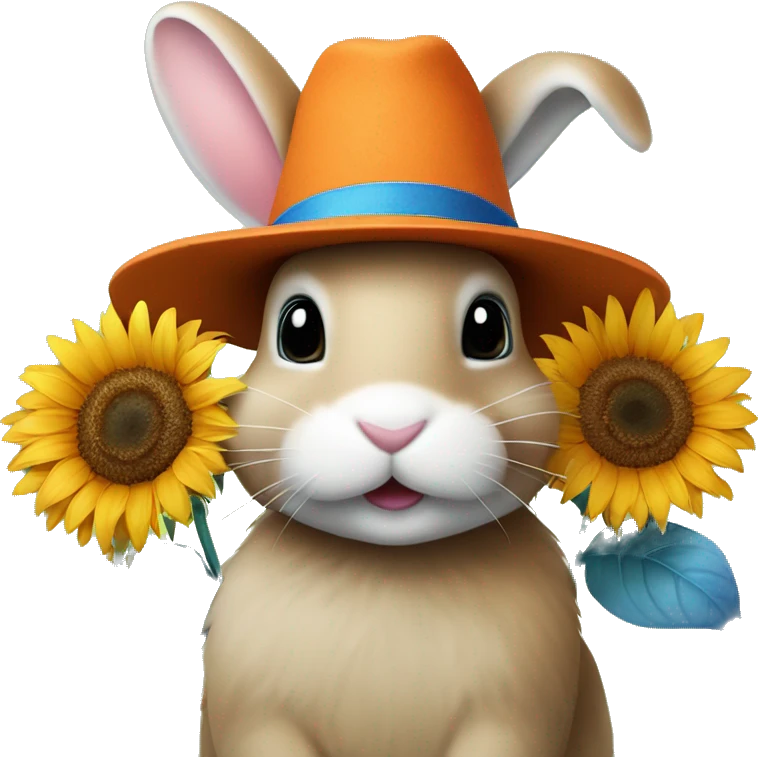 Bunny with flowers in his mouth and an orange + blue hat on top with a sunflower. emoji