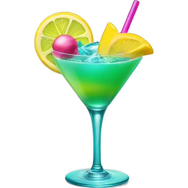Bluish green cocktail with pink and yellow emoji