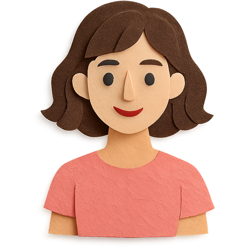 young brunette woman with short wavy hair to shoulders, wearing a pink t-shirt emoji