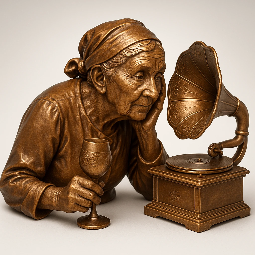 old lady with wineglass listening to gramophone emoji