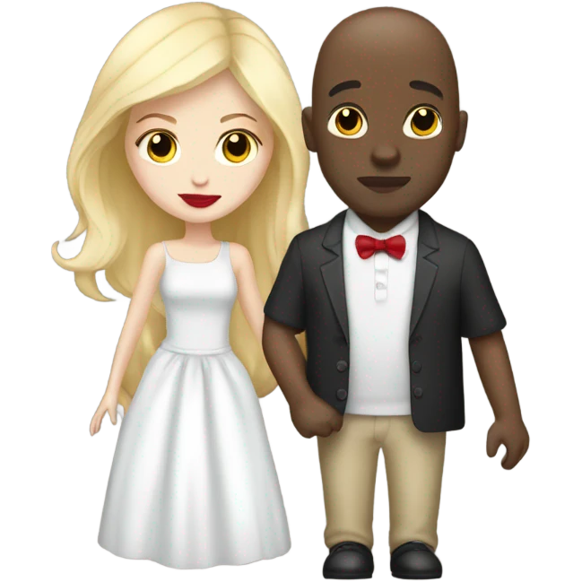 White girl dark hair red lips kissing bald black man emoji