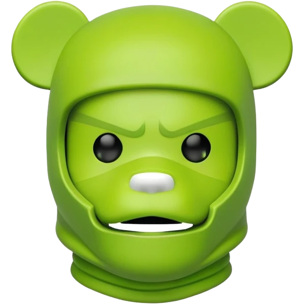 bearbrick toy wearing a lime green balaclava with angry aggressive thick eyebrows showing above the mask emoji