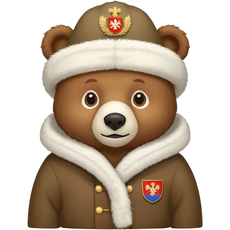 Cute brown bear in white fur ushanka hat with centered Russian coat of arms, front view, iOS emoji style emoji