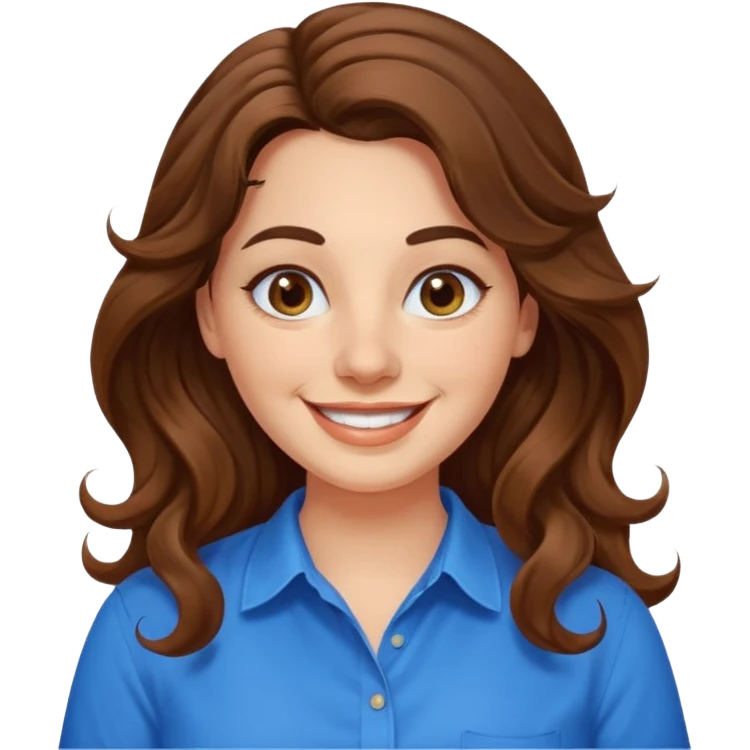 30 yr old italian woman, long brown wavy hair, big brown eyes, huge smile, bright blue shirt, no bangs, a bit chubby emoji