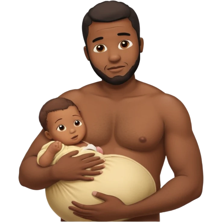 A shirtless pregnant burly black man breastfeeding his baby,  thd baby is suckling on his nipple emoji