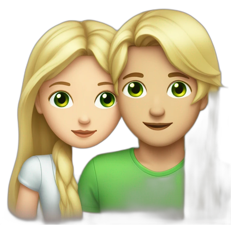a blond boy with brown-green eyes kisses a brunette girl with long straight hair and bright green eyes on the cheek emoji