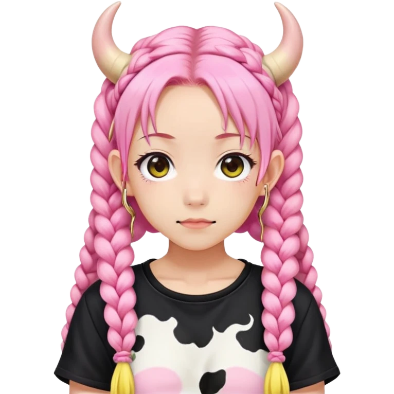 En anime-jente med to rosa lange tykke fletter, ku-horn og ku-ører, sort BH-topp over en gul cropped-fleece-blouse emoji