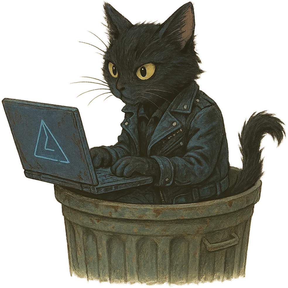 A cyberpunk goth punk cat holding a laptop poking out of a garbage can, in Ghibli style, with a transparent background. emoji