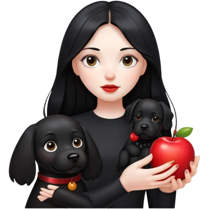 A girl with long black hair wearing black clothes holding a black dog in one hand and an apple in the other hand emoji