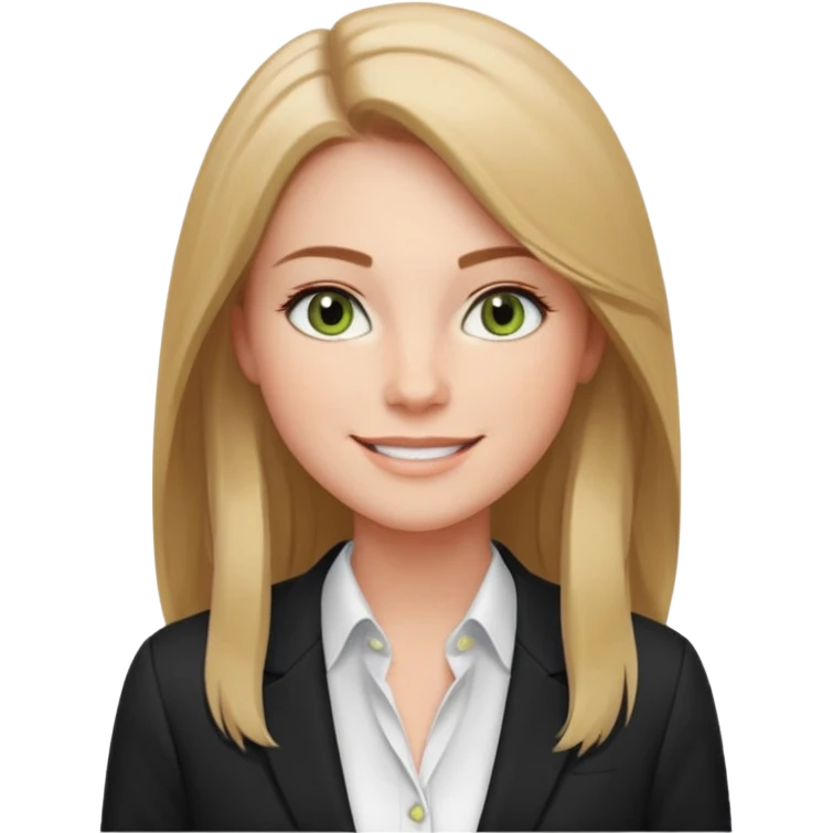 confident CEO named Freya McOmish, smiling, hazel green eyes, straight long hair parted in the middle, subtle freckles, modern business style, broad shoulders, wearing black emoji