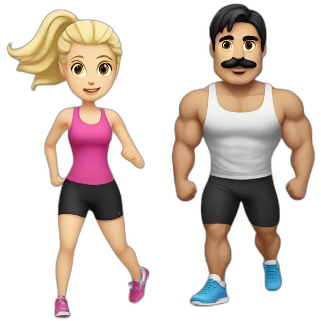 A White guy with black hair and a mustache going to the gym with a blonde girl emoji