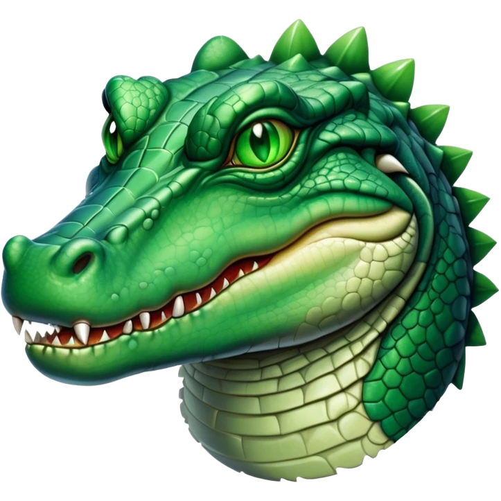 Cinematic Noble Crocodile Portrait Emoji, Poised and regal, with a powerful, elongated build and a rugged, scaly emerald-green hide, piercing cold eyes, Simplified yet sharp and sophisticated features, highly detailed, glowing with a soft, dignified glow, high shine, intelligent and formidable, stylized with an air of ancient might, focused and attentive, soft glowing outline, capturing the essence of a watchful and commanding reptile, so majestic it feels as though it could silently slide out of the screen with effortless authority! emoji
