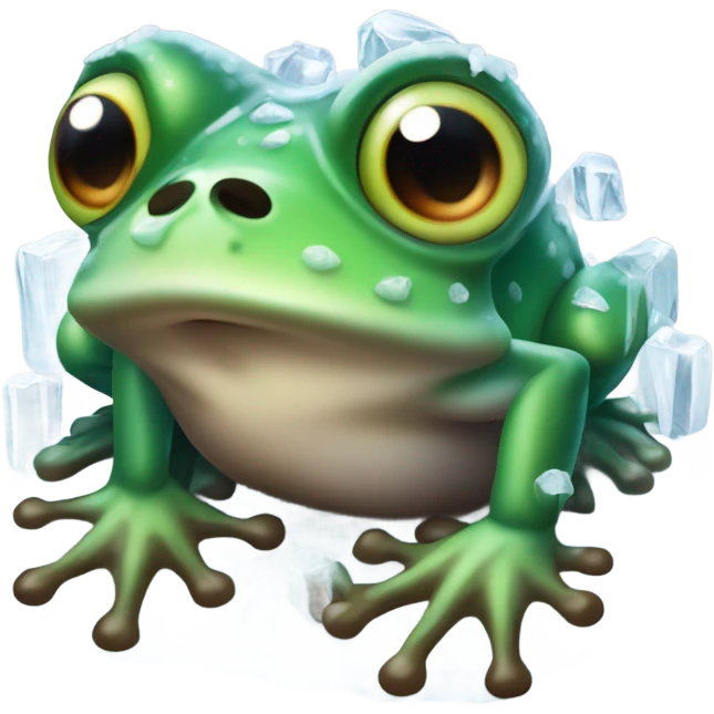 Frozen in ice frog shivering saying What the fuck ?! emoji