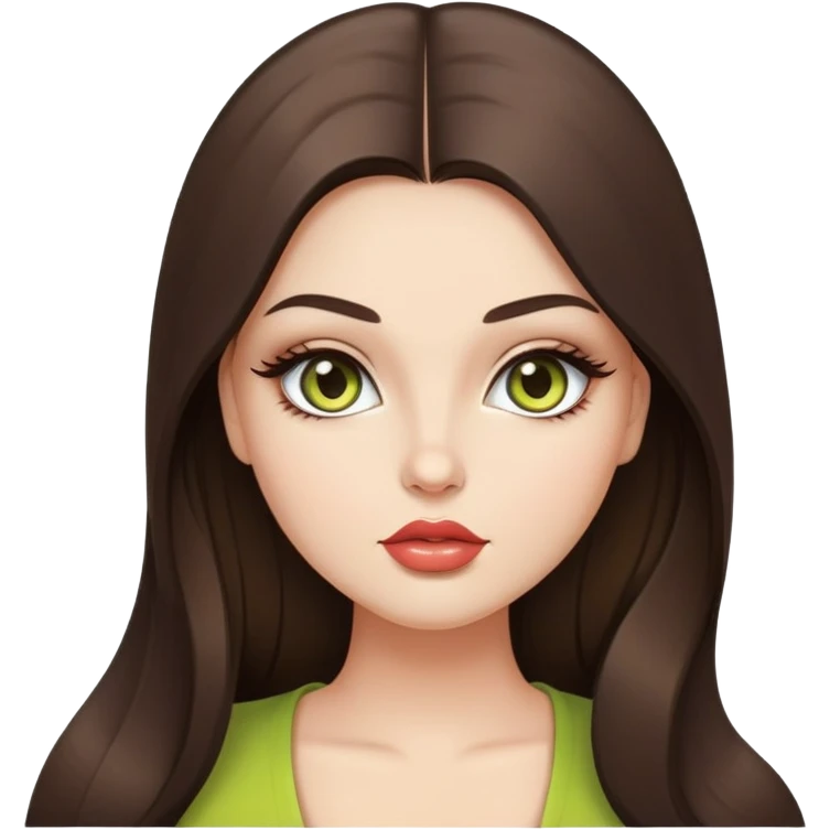 Curvy but beautiful brunette girl, chartreuse eyes, pin straight super long hair, modern style and glossy lips emoji