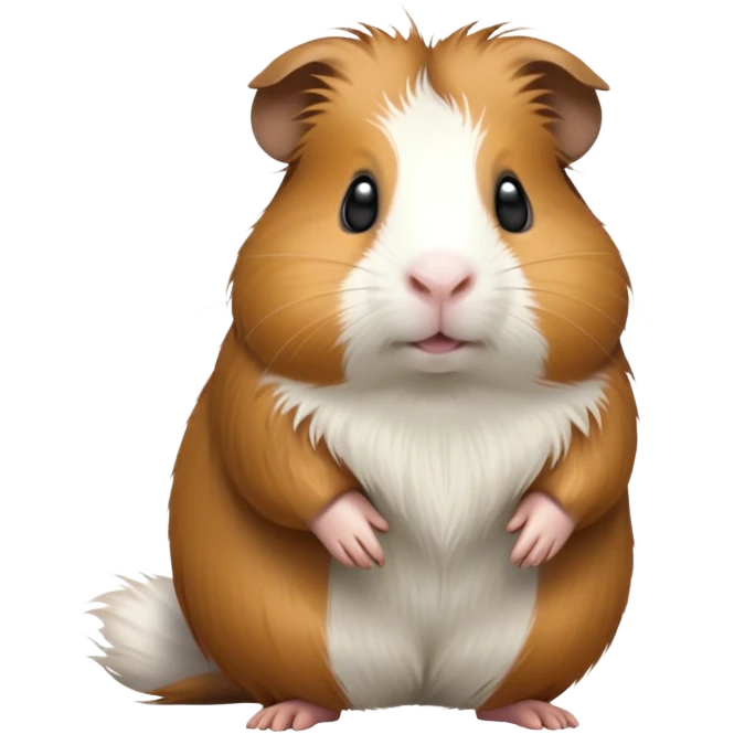 cinematic-[guinea pig]-realistic-full- long elongated body-standing-emoji,-tiny-paws-tucked-close,-head-tilted-dramatically,-fluffy-[brown and white]-fur,-simplified-yet-realistic-focused-features,-highly-detailed,-glowing-with-an-almost-sarcastic-glow emoji