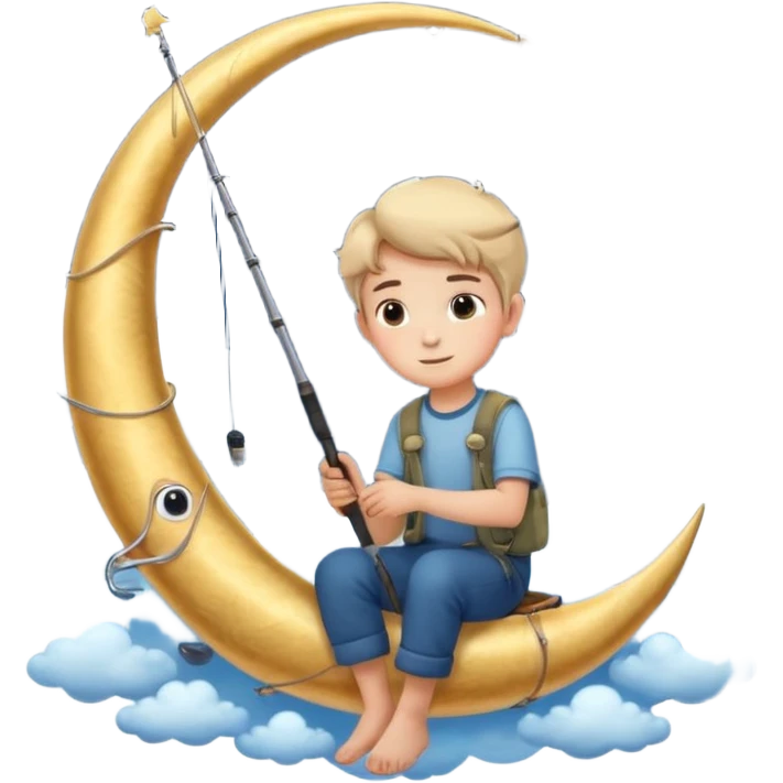 A dreamy night sky with a crescent moon. A boy sits on the moon holding a fishing rod, surrounded by soft clouds and stars. Magical and peaceful atmosphere. emoji