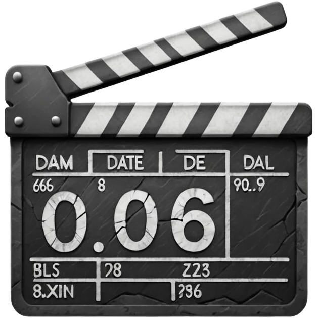 Minimalist emoji-style sticker of a cracked movie clapperboard with the date “06/06/66”, faint scorched marks, all in grayscale


 emoji