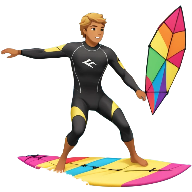 A kite surfer gliding across the ocean, with a colorful kite soaring high in the sky and the surfer carving through the waves. The scene captures the energy and freedom of the sport, with the sun shining and the ocean's waves splashing around. emoji