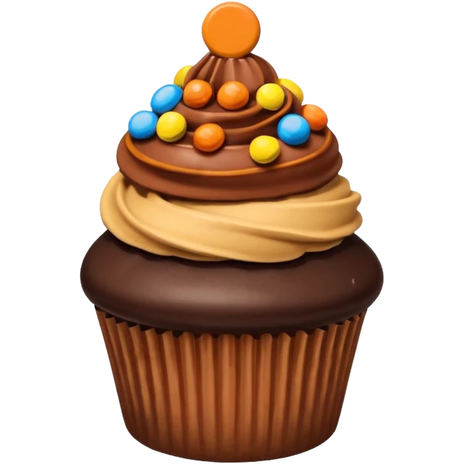 Cupcake that’s been chocolate dipped with Reese’s pieces on top emoji