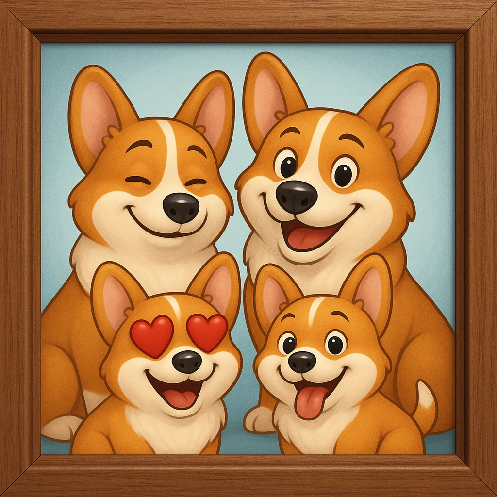 Make the lines and style of the corgi family photo match the 3D emoji look and line quality of the reference image, with smooth, soft shading and a playful, expressive feel. Keep the family photo in a classic wooden frame. The style should resemble the 3D emoji style with smooth and soft shading, playful and expressive. emoji