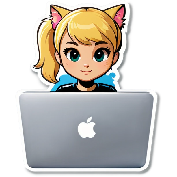 Blonde girl ponytail macBook and a cat emoji