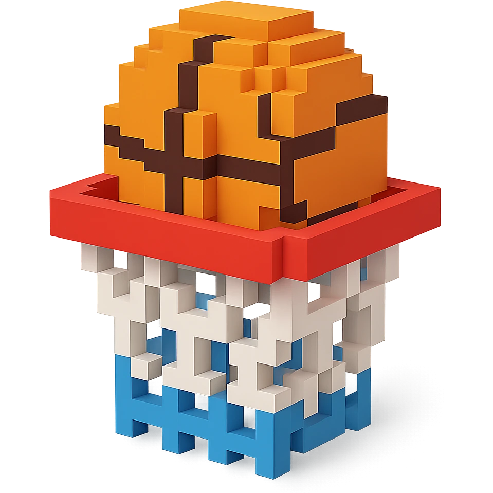 Voxel-style basketball in a net, no background, variation 8. emoji