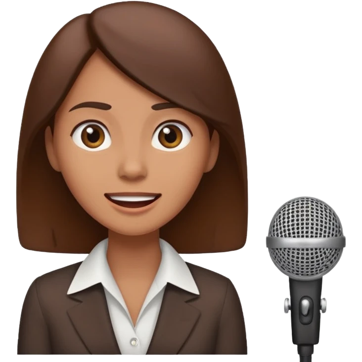 a office woman presenting her idea with microphone stop smiling and got scared with disappointed face
 emoji