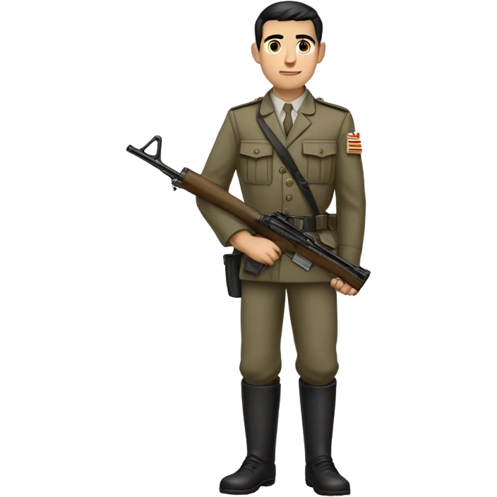 "A young man with short-cropped dark hair, a sharp jawline, and a smug expression. He wears a clean, neutral military uniform, holds a rifle, and stands confidently in a field." emoji