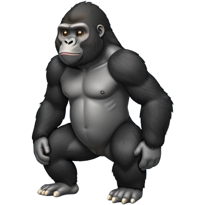 cinematic-friendly relaxed young gorilla-realistic-full-body-crouched on all fours on knuckles-emoji,-poised-with-confidence,-massive-arms-hanging-slightly-forward,-head-tilted-thoughtfully,-thick-black-fur, friendly ,-simplified-yet-realistic emoji