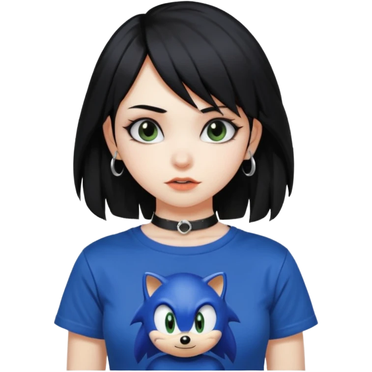 make a goth girl with black hair side bangs, and wearing sonic clothes  emoji